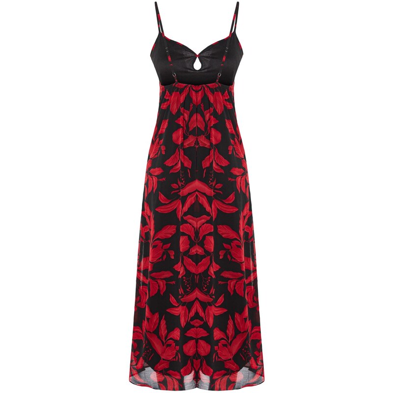 Trendyol Red Straight Cut Maxi Woven Chiffon Lined Floral Pattern Woven Dress