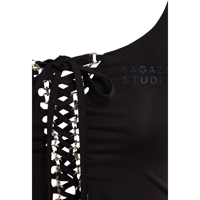 Trendyol X Sagaza Studio Black Lace-Up Detailed Printed Bodysuit