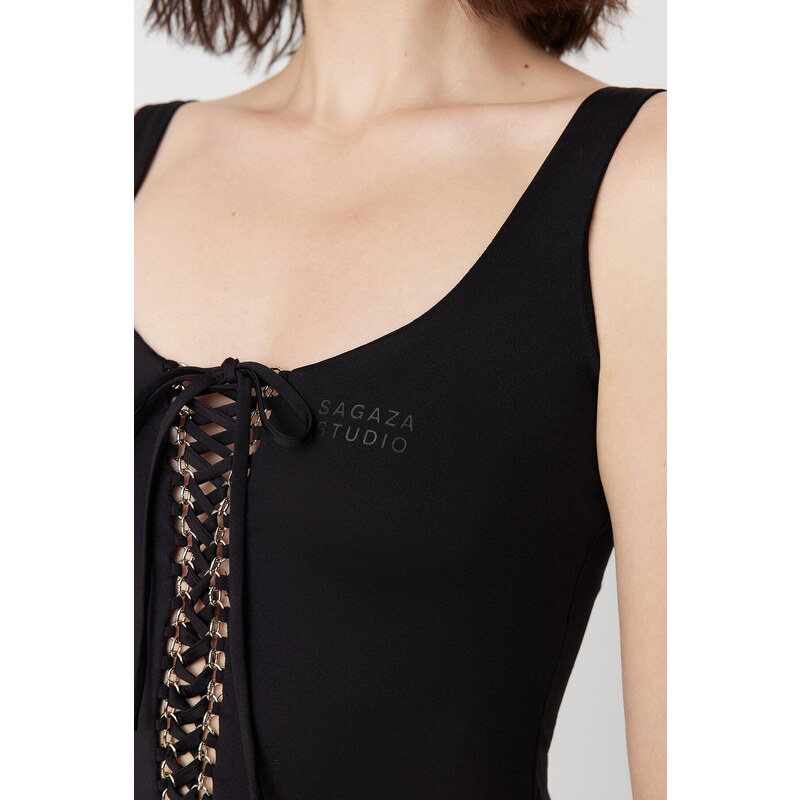 Trendyol X Sagaza Studio Black Lace-Up Detailed Printed Bodysuit