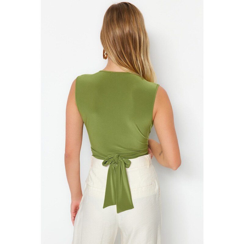 Trendyol Green Lace-Up Detail V-Neck Fitted/Slip-On, Flexible Knitted Bodysuit