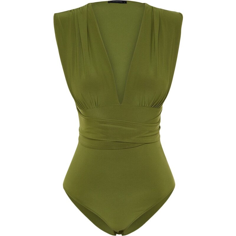 Trendyol Green Lace-Up Detail V-Neck Fitted/Slip-On, Flexible Knitted Bodysuit