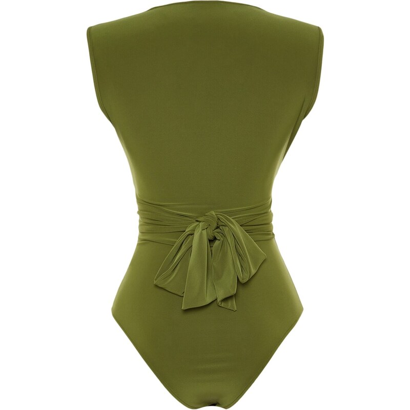 Trendyol Green Lace-Up Detail V-Neck Fitted/Slip-On, Flexible Knitted Bodysuit