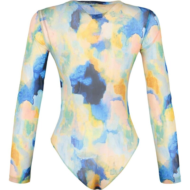 Trendyol Multicolored Printed Crewneck Long Sleeve Flexible Tulle Snapback Knitted Body