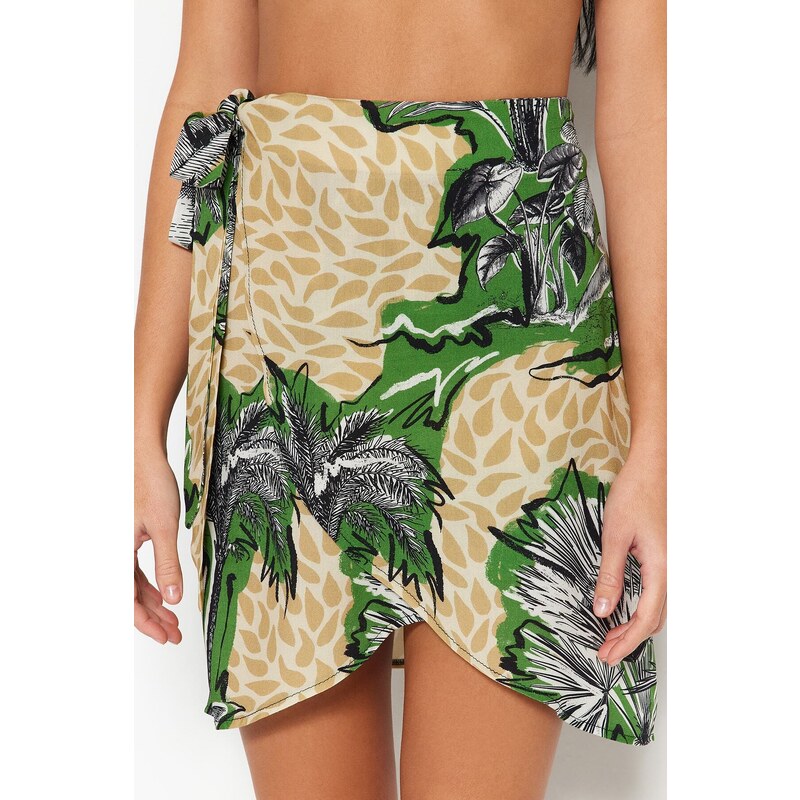 Trendyol Tropical Patterned Mini Woven Tie Skirt