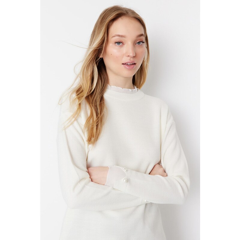 Trendyol Ecru Sleeves Pearl Detailed Knitwear Sweater