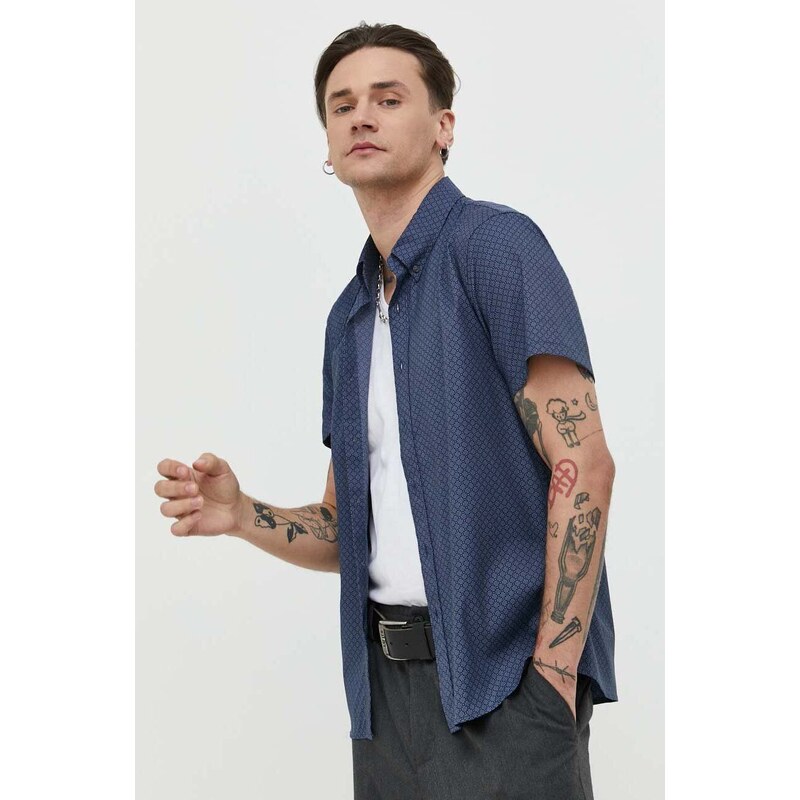 Košile Abercrombie & Fitch pánská, tmavomodrá barva, slim, s límečkem button-down