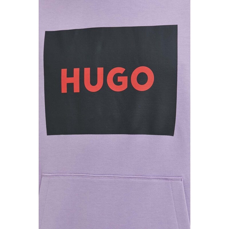 Bavlněná mikina HUGO pánská, fialová barva, s kapucí, s potiskem