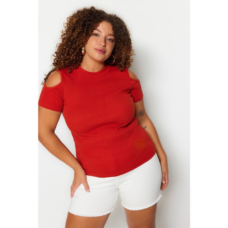 Trendyol Curve Cinnamon Corduroy Knitted Cut Out Detailed Blouse