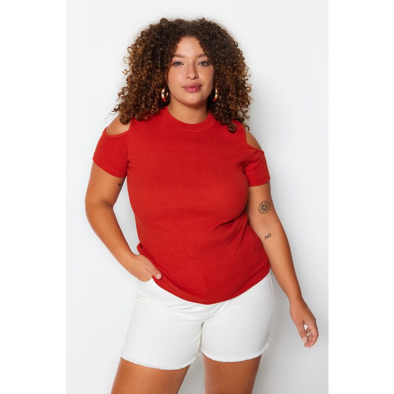 Trendyol Curve Cinnamon Corduroy Knitted Cut Out Detailed Blouse