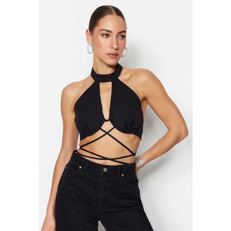 Trendyol Black Crop Lined Woven Piping Window/Cut Out Detailed Bustier