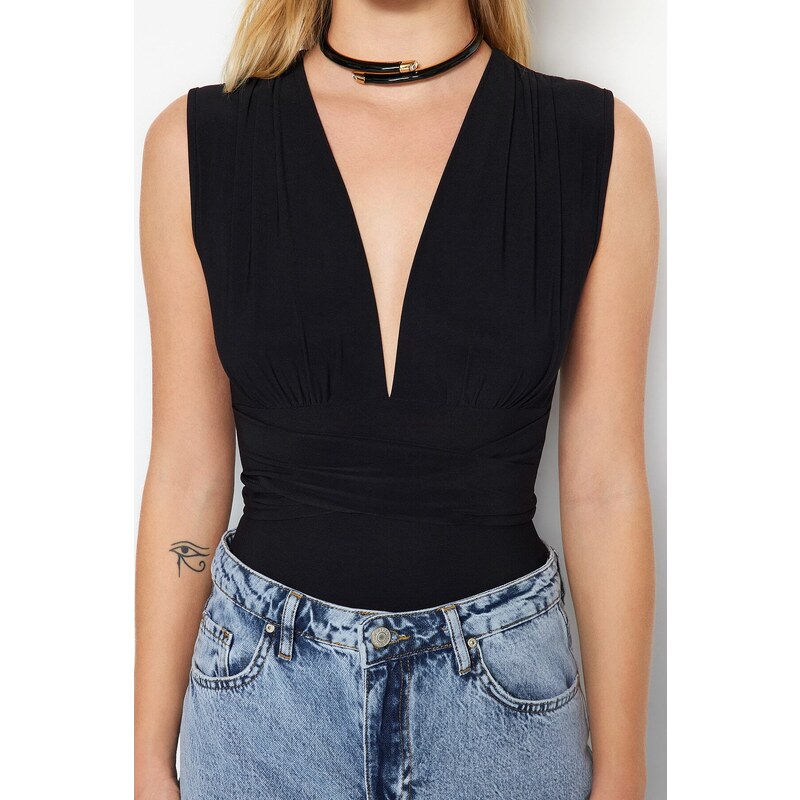 Trendyol Black Lace-Up Detail V-Neck Fitted/Situated, Flexible Knitted Bodysuit with Snap fastener