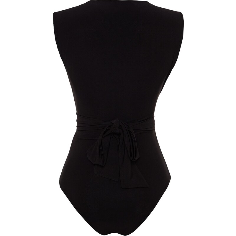Trendyol Black Lace-Up Detail V-Neck Fitted/Situated, Flexible Knitted Bodysuit with Snap fastener
