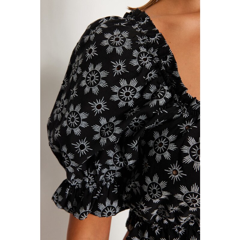 Trendyol Floral Patterned Crop Woven Balloon Sleeve 100% Cotton Blouse