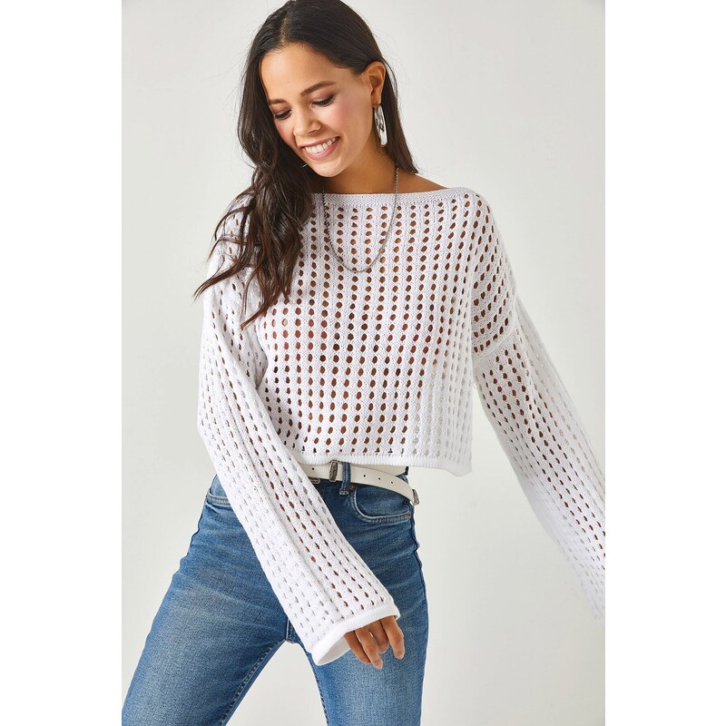 Olalook Women's White Spanish Sleeve Openwork Crop Knitwear Blouse