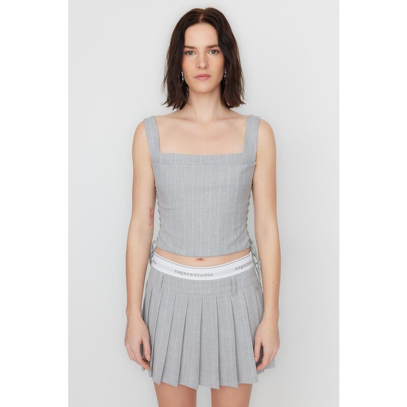 Trendyol X Sagaza Studio šedá pruhovaná halenka s detailem kravaty 107060274