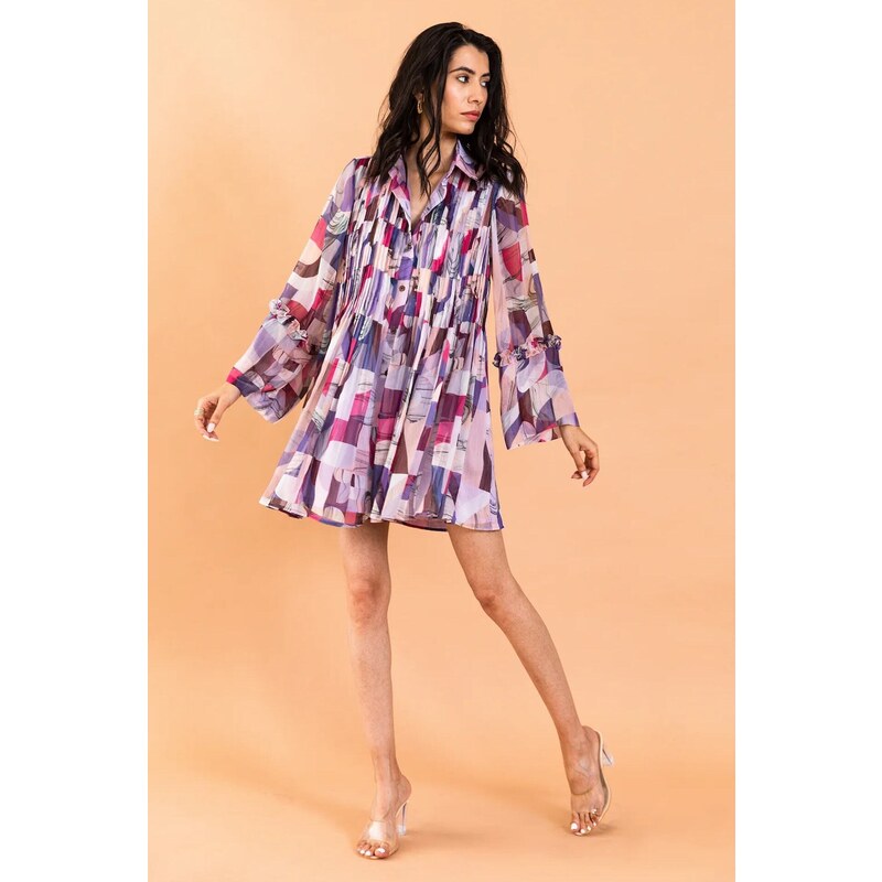 Aroop Pleated Chiffon Shirt Dress - Soft Red Violet