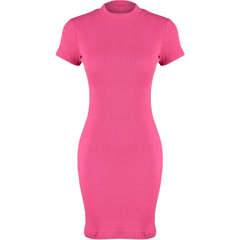 Trendyol Fuchsia Fitted Short Sleeve Crew Neck Mini Ribbed Flexible Knit Dress