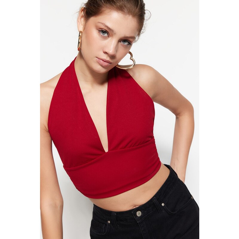 Trendyol Burgundy Halterneck Knitted Crop Top-fitted Blouse