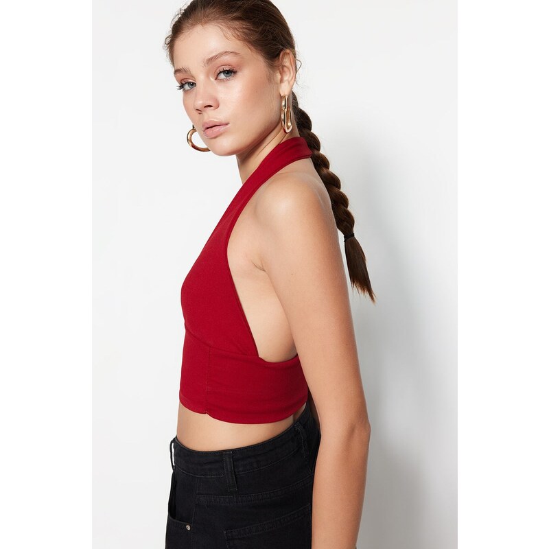 Trendyol Burgundy Halterneck Knitted Crop Top-fitted Blouse