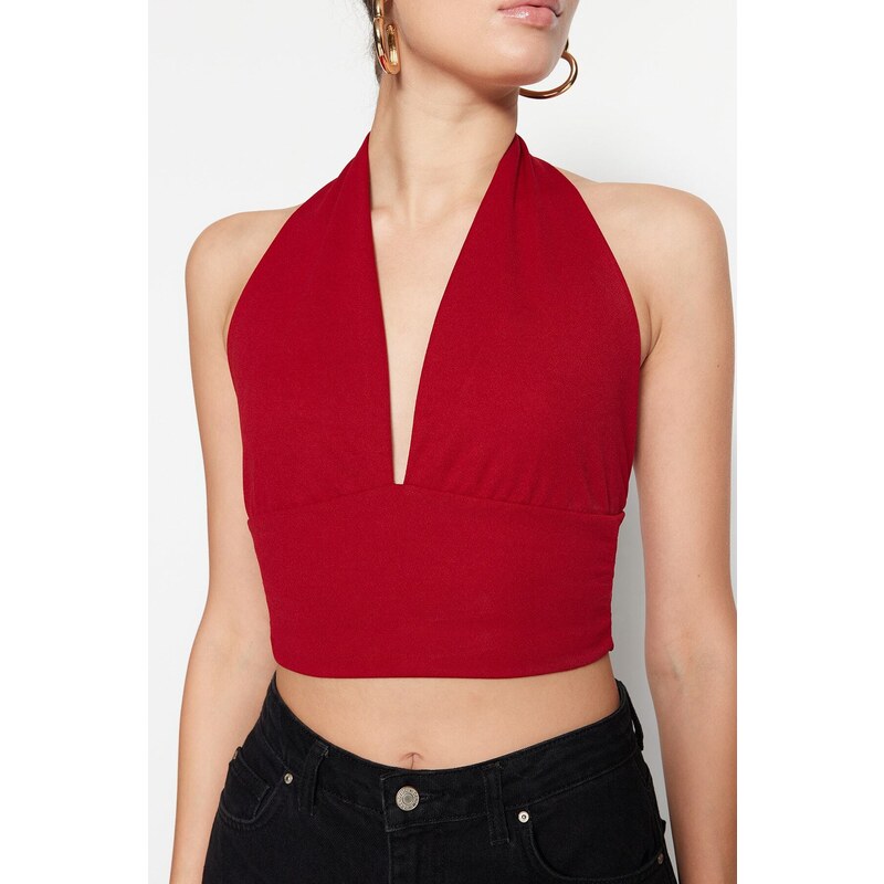 Trendyol Burgundy Halterneck Knitted Crop Top-fitted Blouse