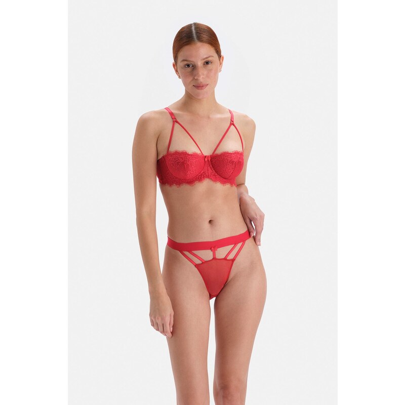 Dagi Red String Detailed Fishnet Brazilian Panties