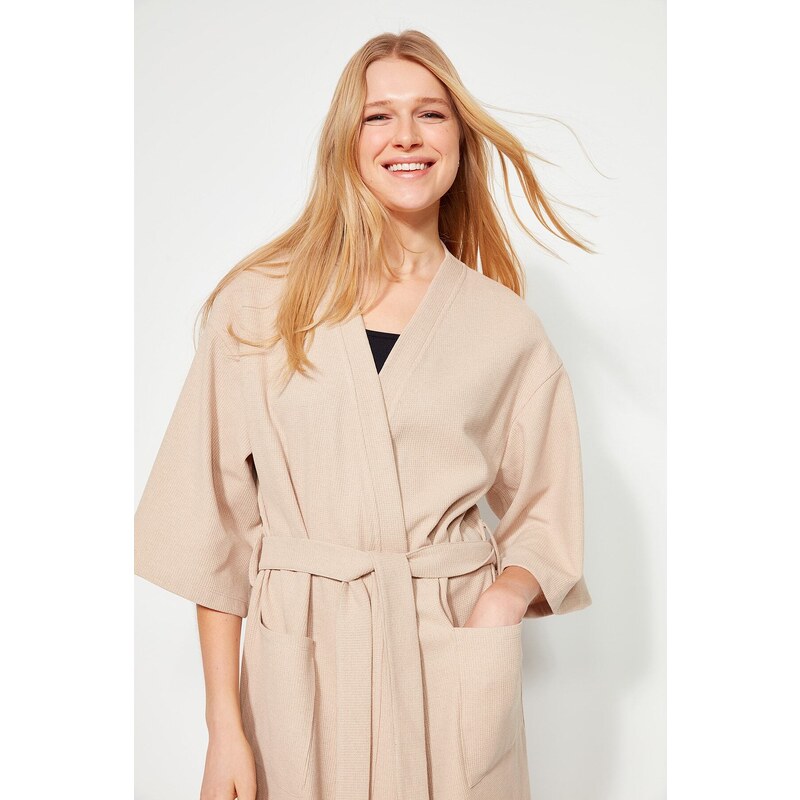 Trendyol Stone Belted Cotton Textured Knitted Dressing Gown