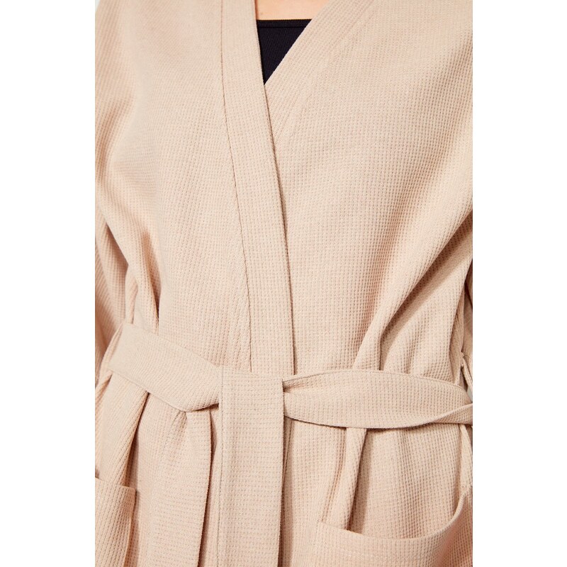 Trendyol Stone Belted Cotton Textured Knitted Dressing Gown