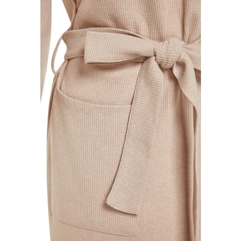 Trendyol Stone Belted Cotton Textured Knitted Dressing Gown