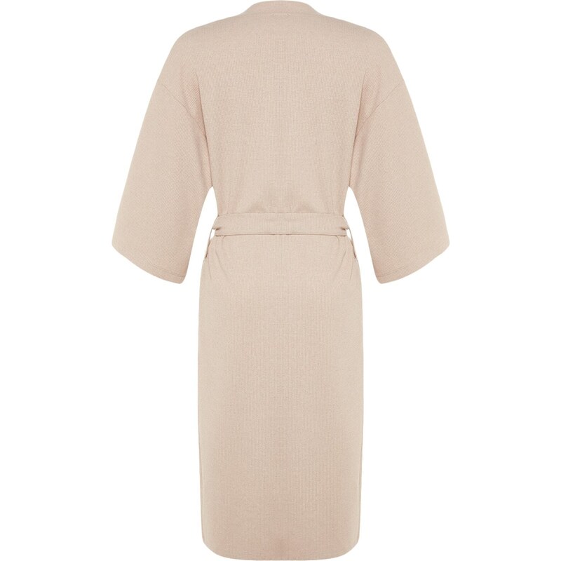 Trendyol Stone Belted Cotton Textured Knitted Dressing Gown