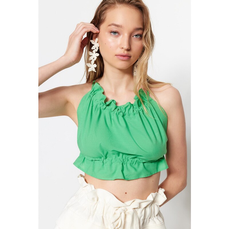 Trendyol Tropical Green Crop Tkaný Peplum 107063964