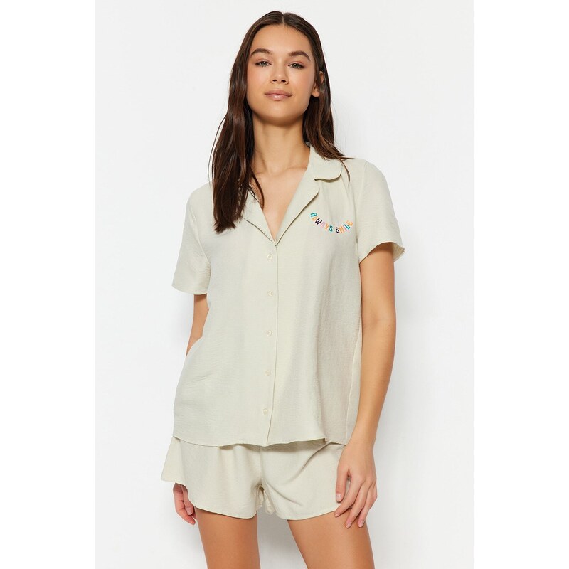 Trendyol Light Beige Motto Embroidered Shirt-Shorts, Woven Pajamas Set