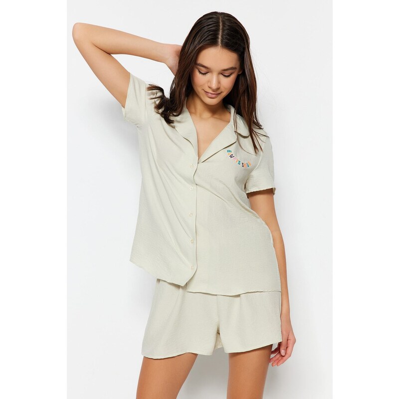 Trendyol Light Beige Motto Embroidered Shirt-Shorts, Woven Pajamas Set