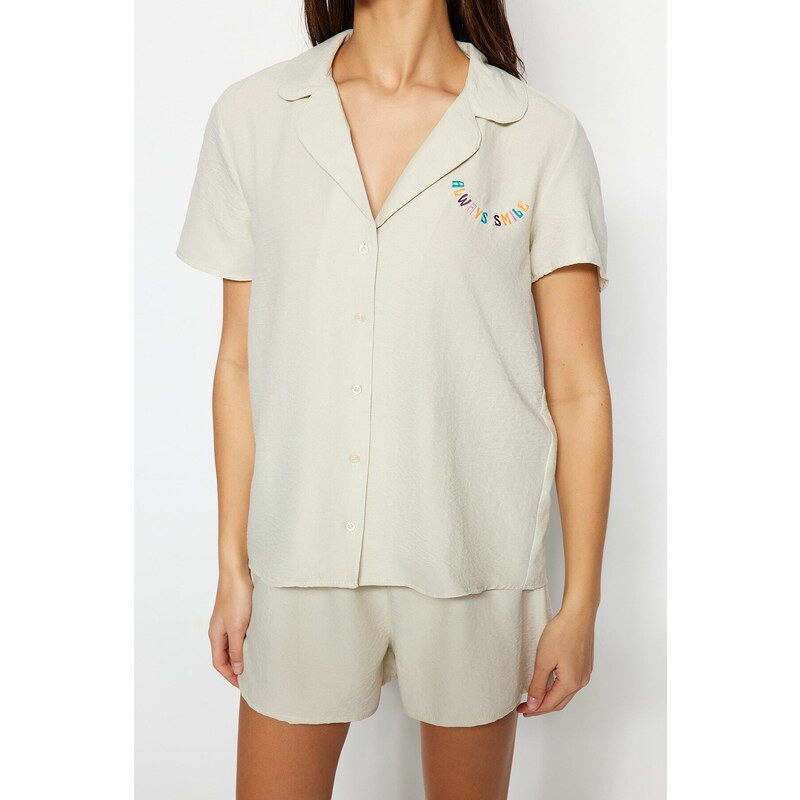 Trendyol Light Beige Motto Embroidered Shirt-Shorts, Woven Pajamas Set