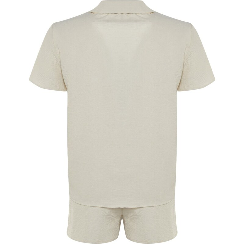 Trendyol Light Beige Motto Embroidered Shirt-Shorts, Woven Pajamas Set