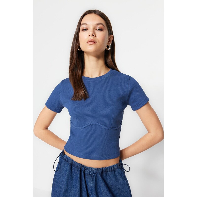 Trendyol Indigo Piping Detailed Crew Neck Crop Ribbed Stretchy Knitted Blouse