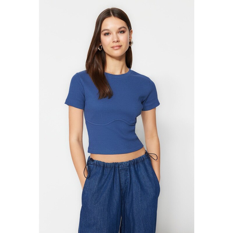 Trendyol Indigo Piping Detailed Crew Neck Crop Ribbed Stretchy Knitted Blouse