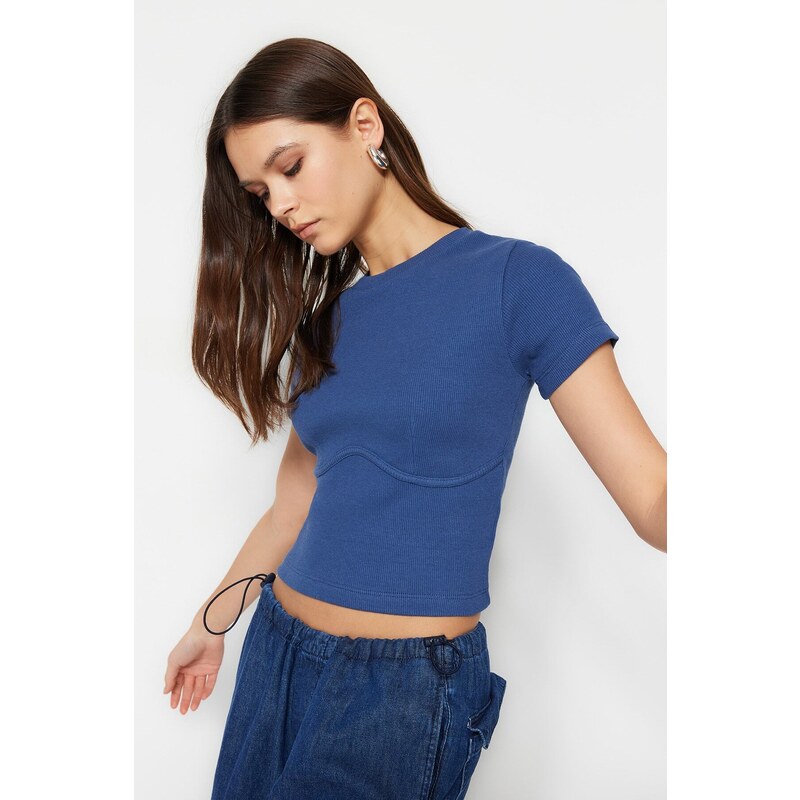 Trendyol Indigo Piping Detailed Crew Neck Crop Ribbed Stretchy Knitted Blouse