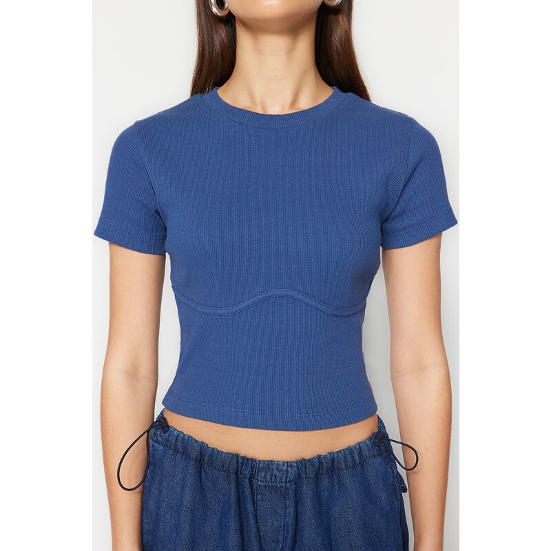 Trendyol Indigo Piping Detailed Crew Neck Crop Ribbed Stretchy Knitted Blouse