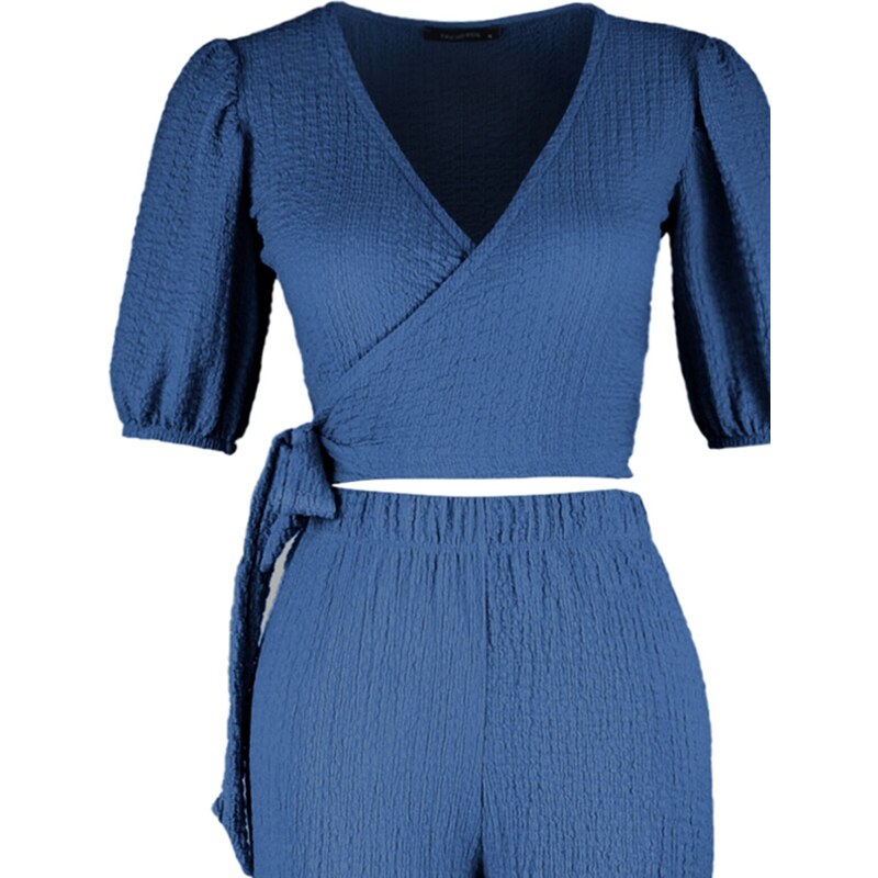 Trendyol Indigo Double Breasted Collar Balloon Sleeves Textured Fabric Knitted Top-Upper Suit