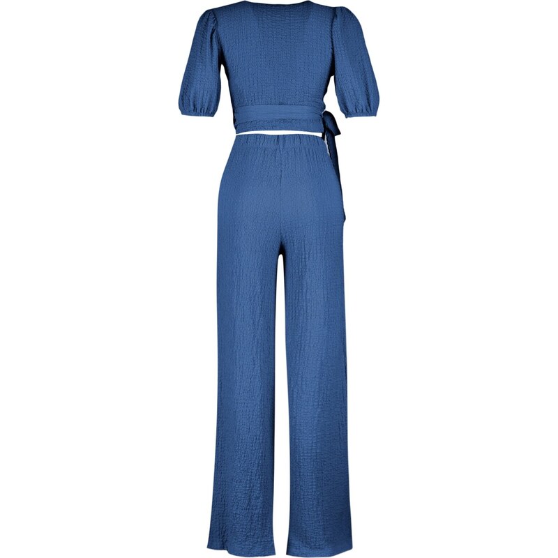 Trendyol Indigo Double Breasted Collar Balloon Sleeves Textured Fabric Knitted Top-Upper Suit