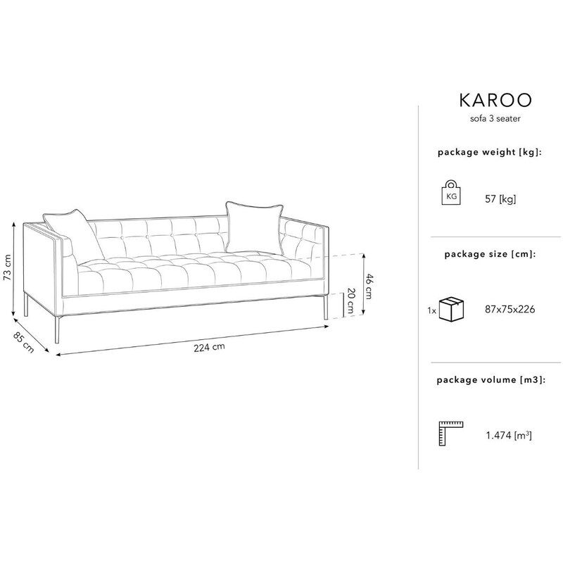 Světle hnědá sametová trojmístná pohovka MICADONI Karoo 224 cm s černou podnoží