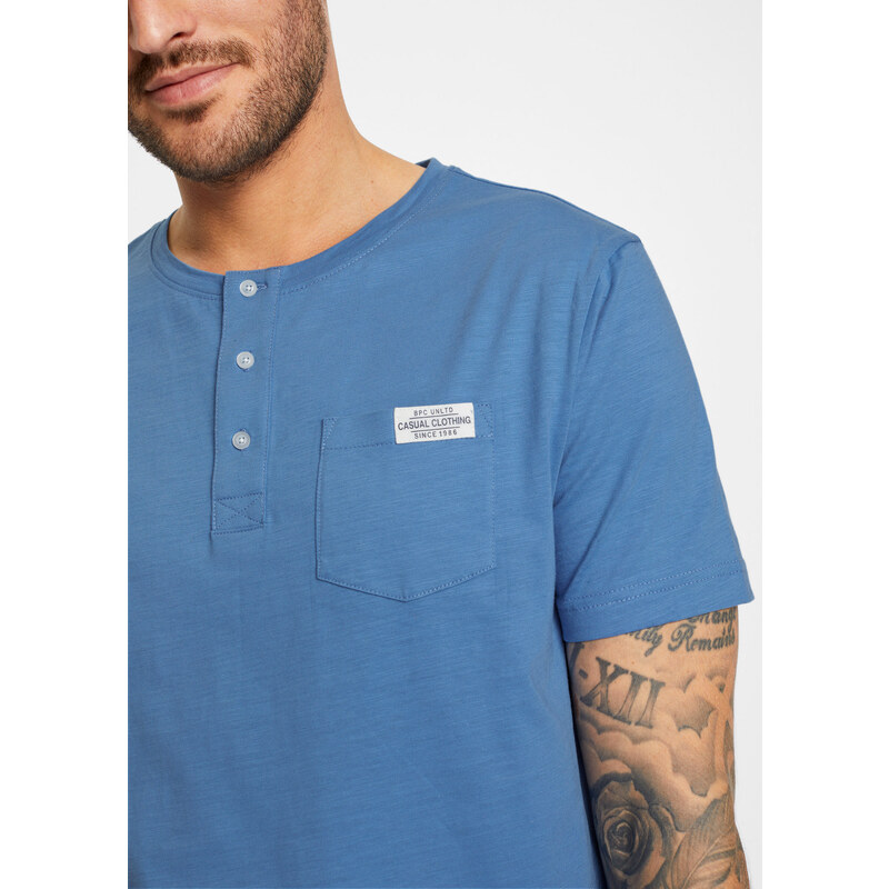 bonprix Henley triko, krátký rukáv, pohodlný střih z organické bavlny Modrá