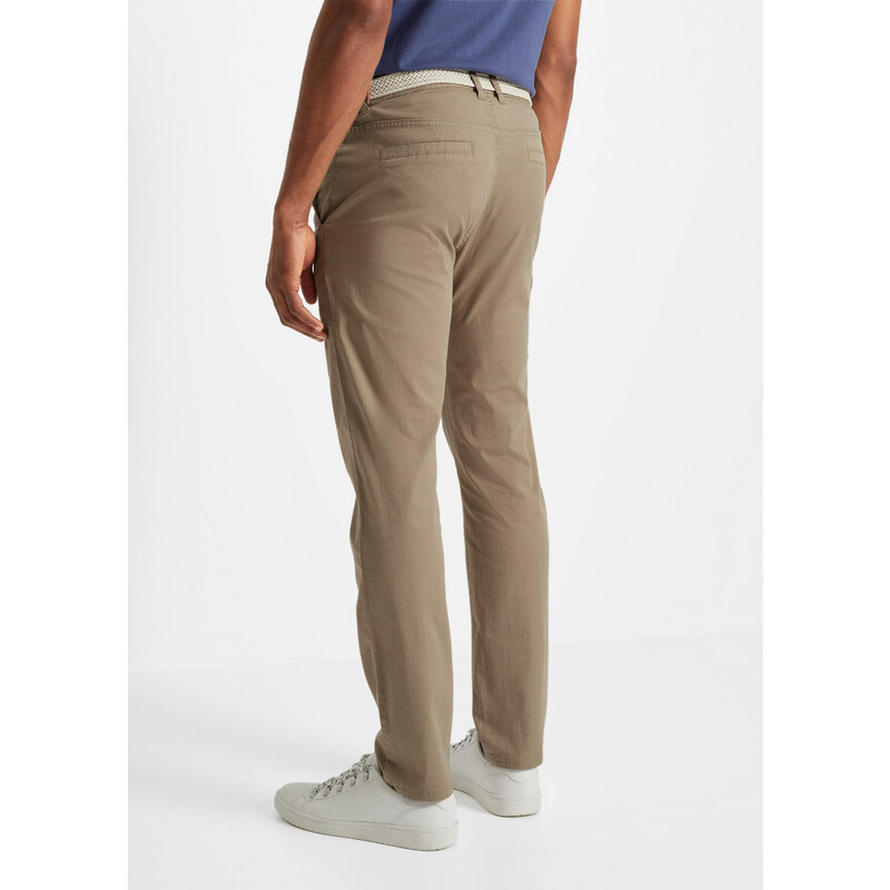 bonprix Strečové chino kalhoty Regular Fit z kolekce Speciální střih, s páskem, Straight Béžová