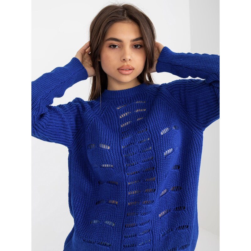 Fashionhunters Kobaltově modrý oversized svetr s prolamovaným vzorem
