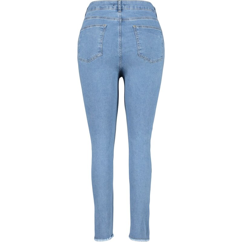 Trendyol Curve Blue flexibilní úzké džínové džíny s rozparkem a střapcem