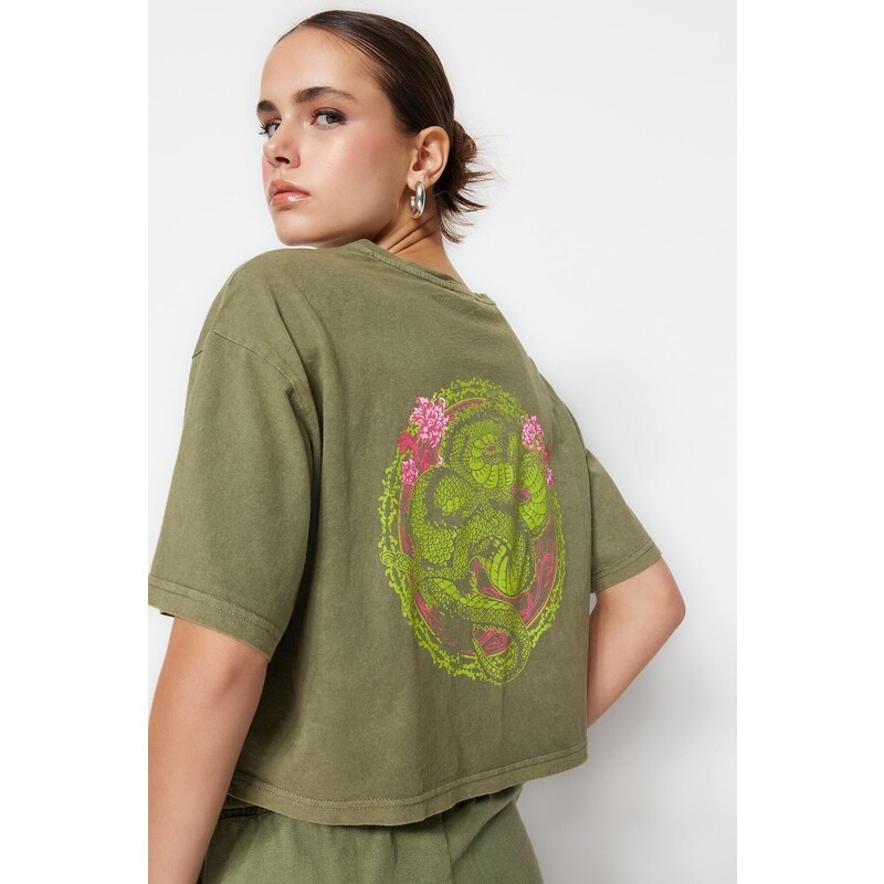 Trendyol Khaki 100% Bavlna S Opraným Efektem Zadní Potisk Crop Tričko 107059731