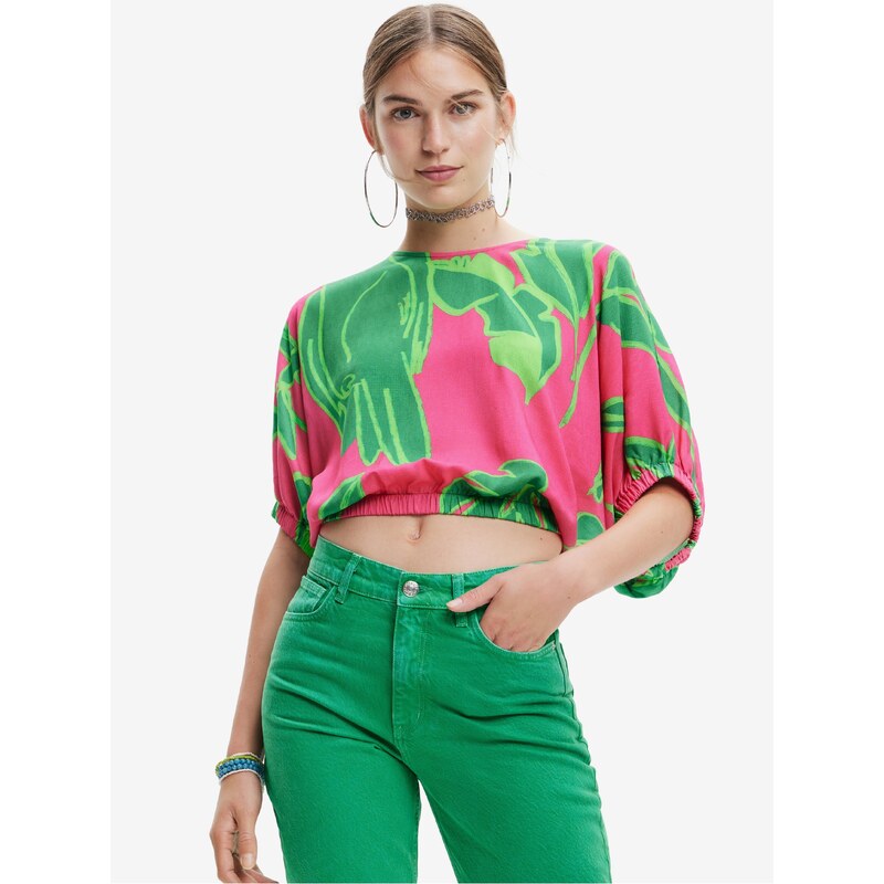 Zeleno-růžový dámský top Desigual Garret - Dámské