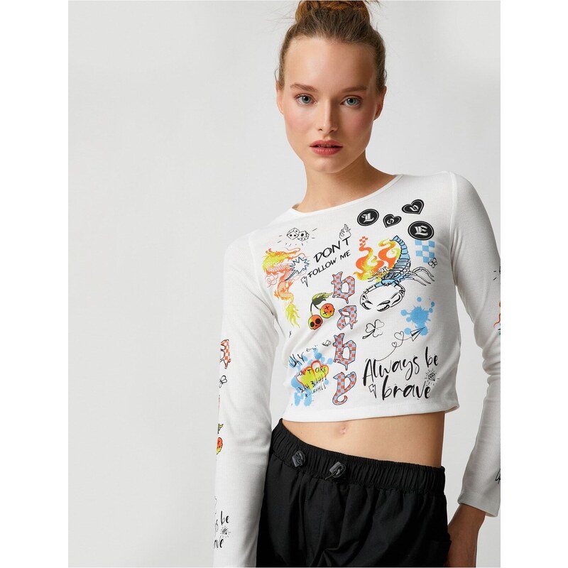 Koton Crop T-Shirt Long Sleeves Printed Crewneck