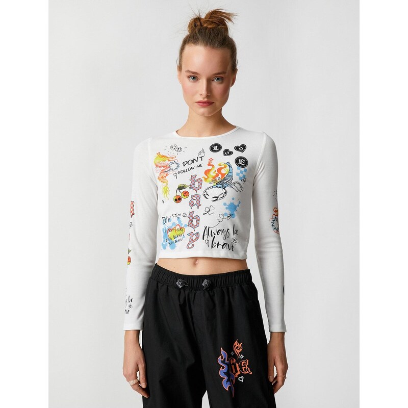 Koton Crop T-Shirt Long Sleeves Printed Crewneck