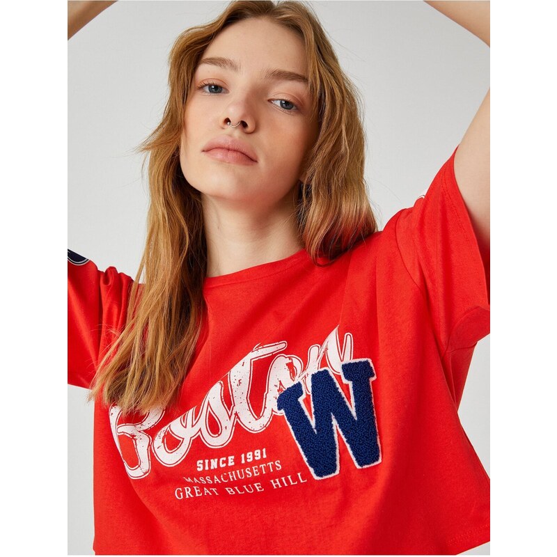 Koton Crop T-Shirt College Printed Short Sleeve Crew Neck